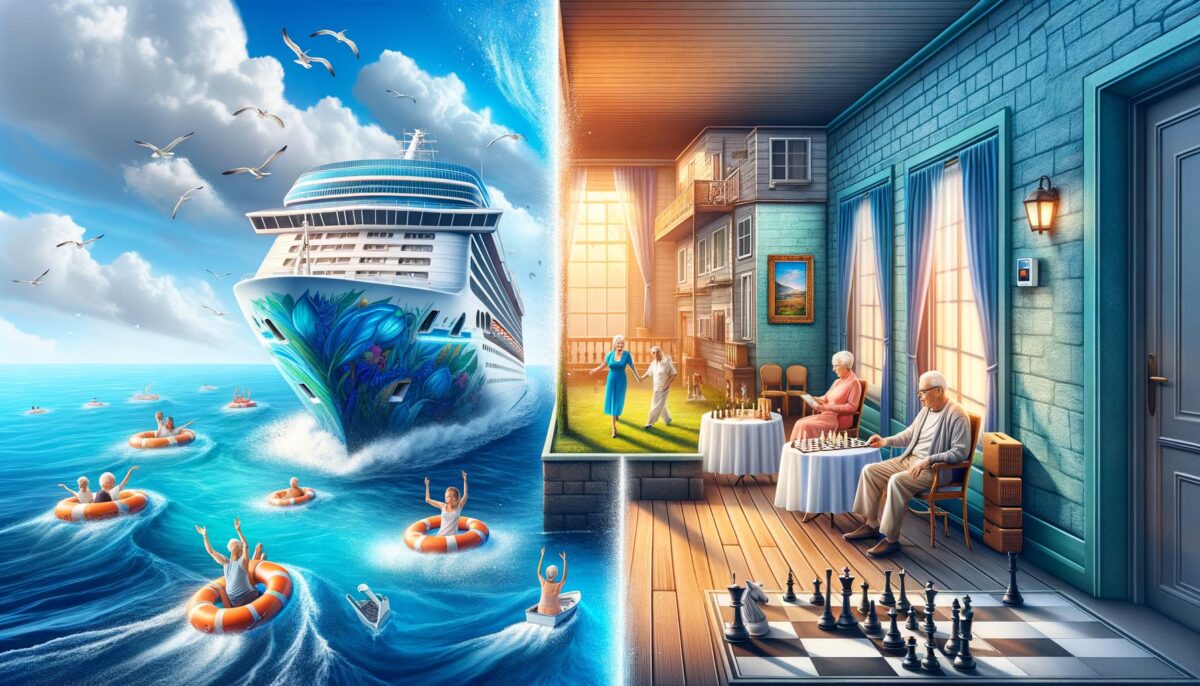 Contrasting images of cruise ship living and nursing home life for seniors, highlighting lifestyle choices.