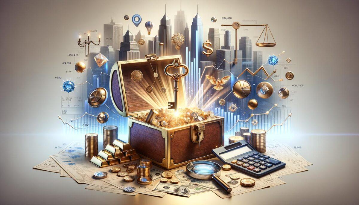 Key unlocking treasure chest with symbols of wealth and upward financial trends, representing life settlement investment retu