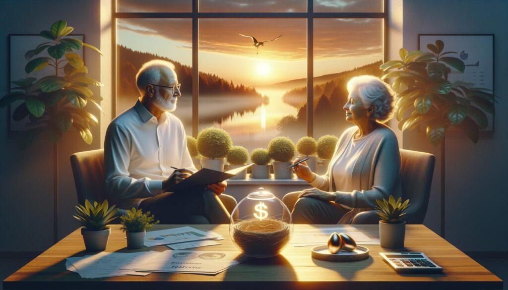 Banner for blog post on smart retirement investments, featuring a serene dawn and a couple planning their financial future.