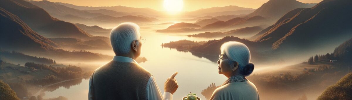 Serene landscape with mature couple at sunrise embodying financial freedom and the start of a new chapter in retirement.