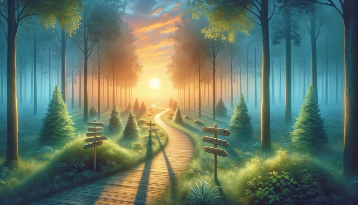 A serene path through a forest with signposts for support, leading towards a hopeful sunrise, symbolizing the journey of navi