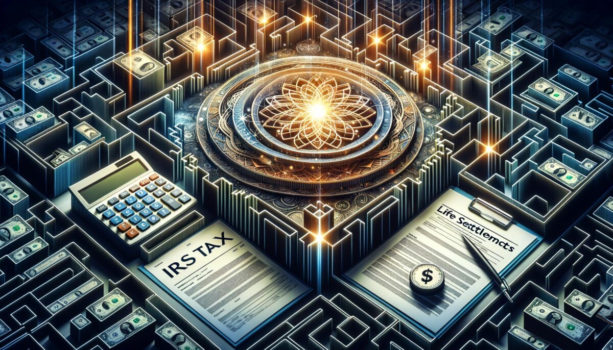 Complex network symbolizing life settlement tax laws, with policy documents, calculator, and IRS forms.