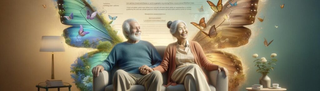 Elderly couple at home smiling, with text 'Unlocking Cash for Care: Life Settlement Options' and symbols of financial freedom