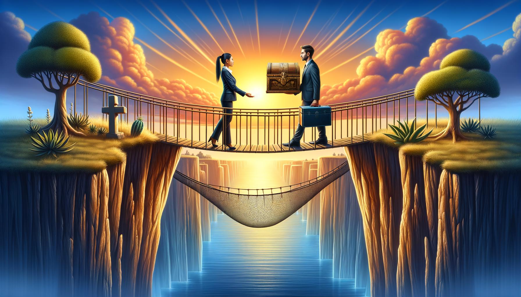 Professional broker guiding policyholder across bridge, symbolizing safe sale of life insurance policy for liquidity, with su