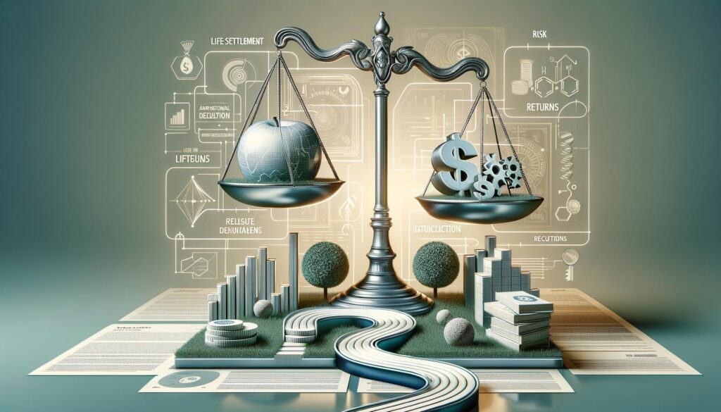 Infographic on balancing risks and rewards in life settlement investments, highlighting strategic planning.