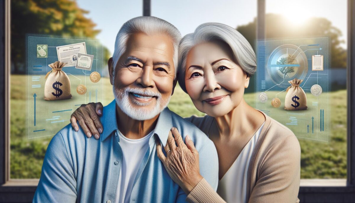 Smiling elderly couple symbolizing financial relief and security, with financial and insurance themes in the background.