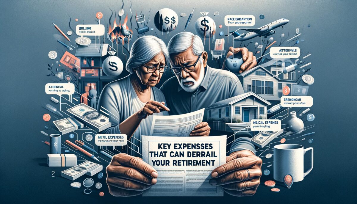 Banner image showing an elderly couple worried about bills, symbolizing key retirement expenses that can disrupt financial pl