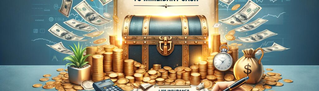 Banner image of a treasure chest filled with cash, symbolizing converting life insurance to immediate cash, with blog title o