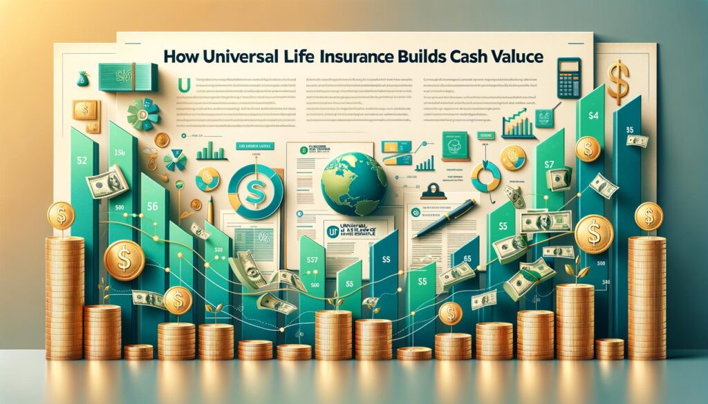 Banner image showing financial growth symbols with universal life insurance documents, reflecting cash value accumulation and
