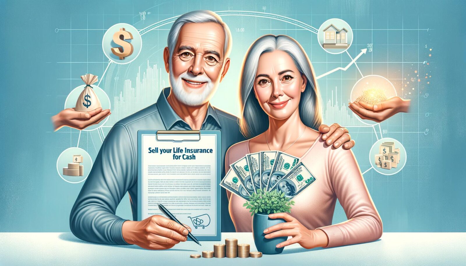 Mature couple happy with financial freedom after selling life insurance for cash, symbolizing growth and security