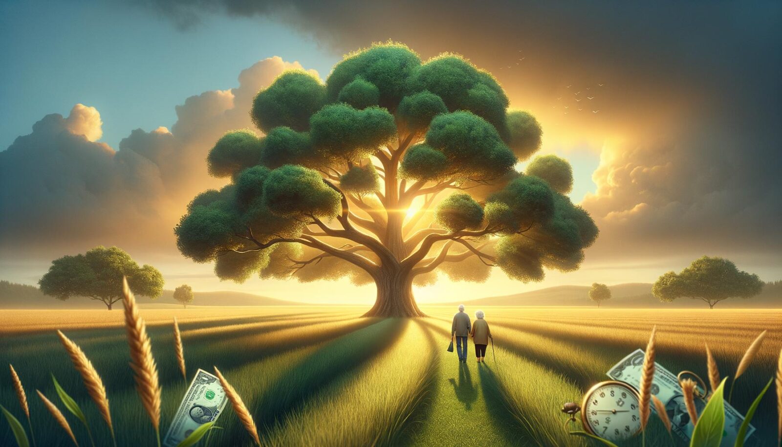 Banner image of an elderly couple walking in a sunlit meadow with a sturdy oak tree, symbolizing financial stability and flex