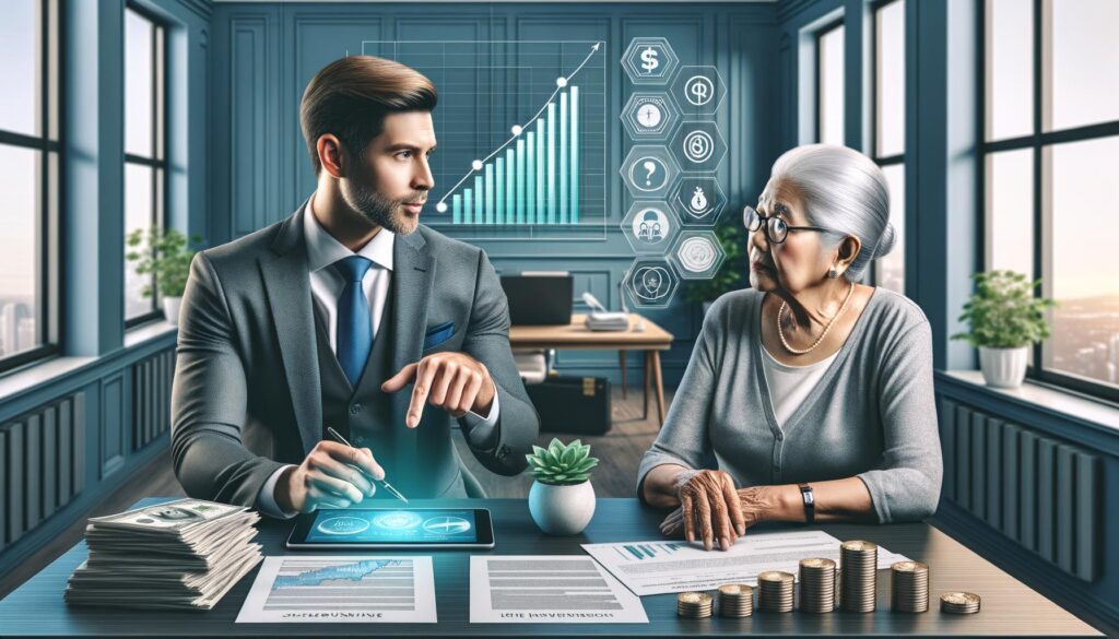 Financial advisor consulting with a senior about life settlements, highlighting financial growth and security with graphs and