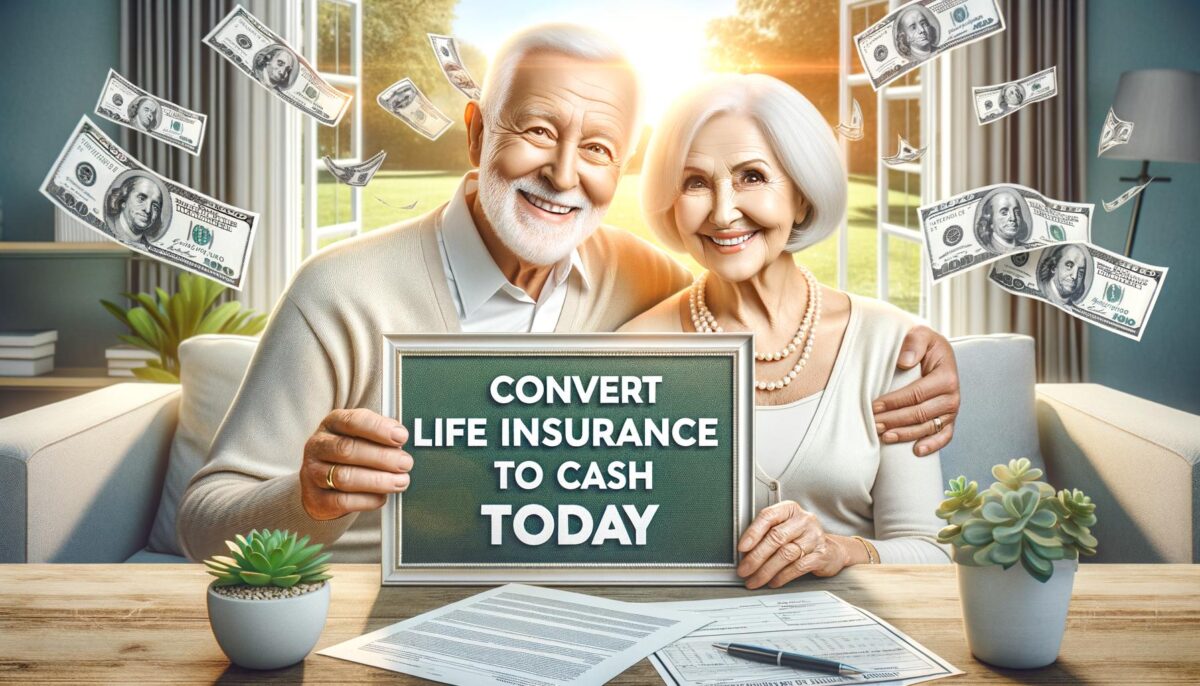 Elderly couple smiling with insurance documents and cash, representing financial relief and freedom by converting life insura