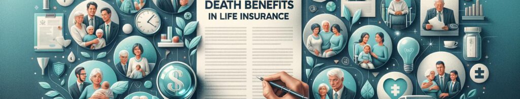 Banner image for blog post 'Accelerated Death Benefits in Life Insurance' featuring policy document, icons for benefit types,