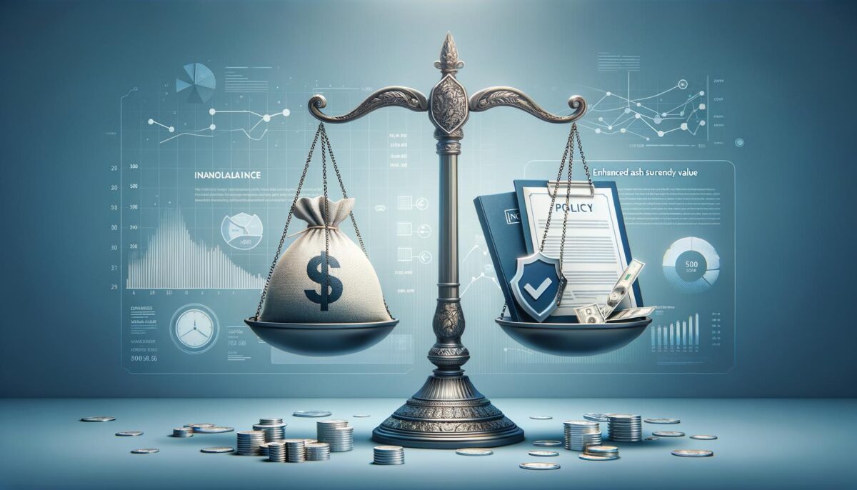 Balanced scale with money bags and policy documents, symbolizing the trade-offs of Enhanced Cash Surrender Value Offers.