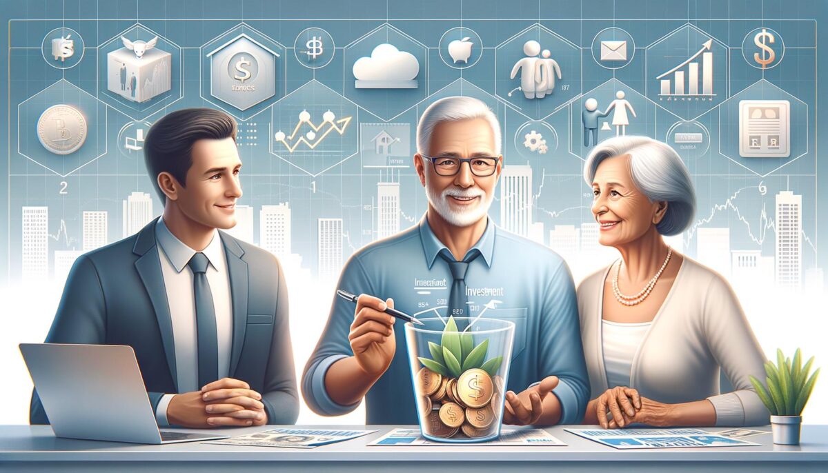 Banner image showing seniors reviewing investment options including short-term investments, asset allocation, and life insura