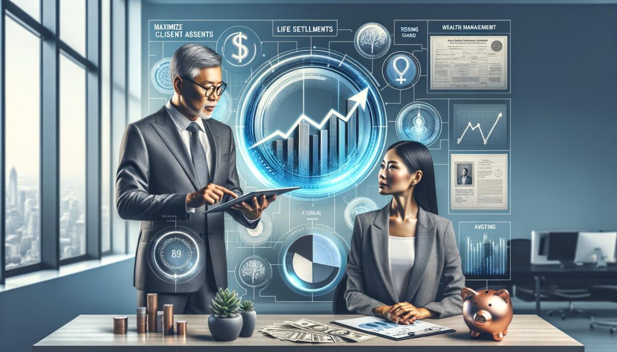 Financial advisor showing client a rising graph on a tablet, symbolizing growth and investment opportunities with life settle