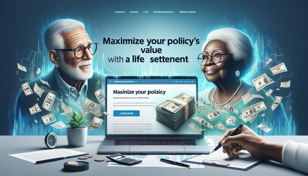 Banner showing an elderly couple discussing documents, symbolizing converting life insurance to cash with the text 'Maximize