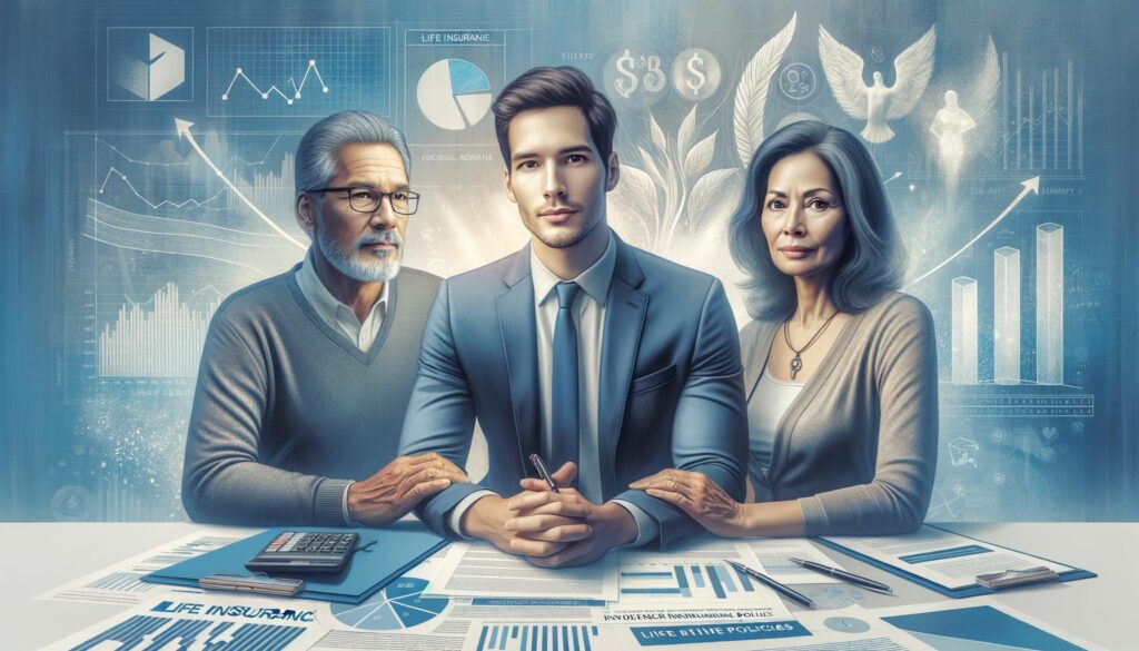 Banner image of a financial advisor consulting a mature couple on life insurance investments with financial documents and gra