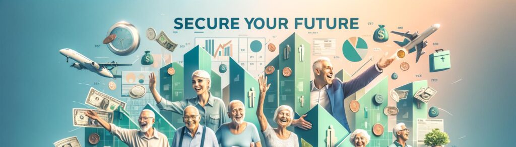 Banner image showing happy elderly couples enjoying activities with financial planning icons, representing step-by-step retir