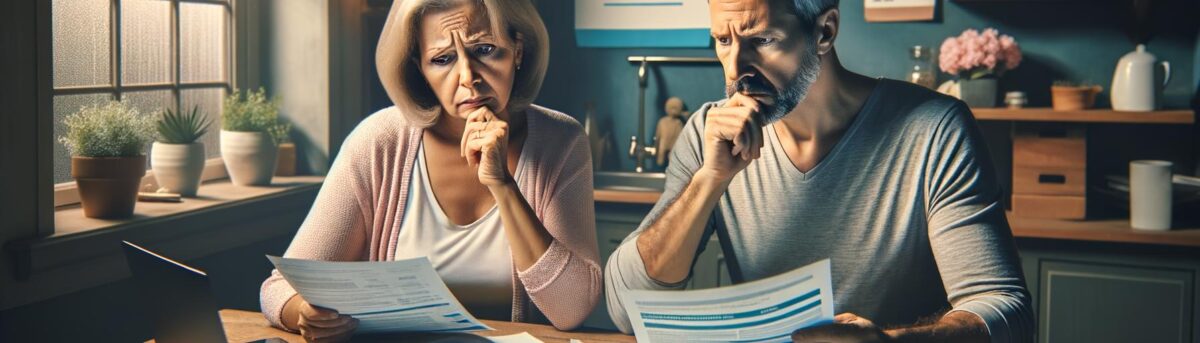 Worried middle-aged couple reviewing insurance documents at a cluttered table, highlighting concerns about rising life insura