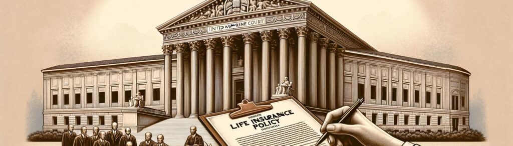 Historic image of the 1911 Supreme Court ruling legalizing life insurance sales, featuring the Supreme Court and policy docum