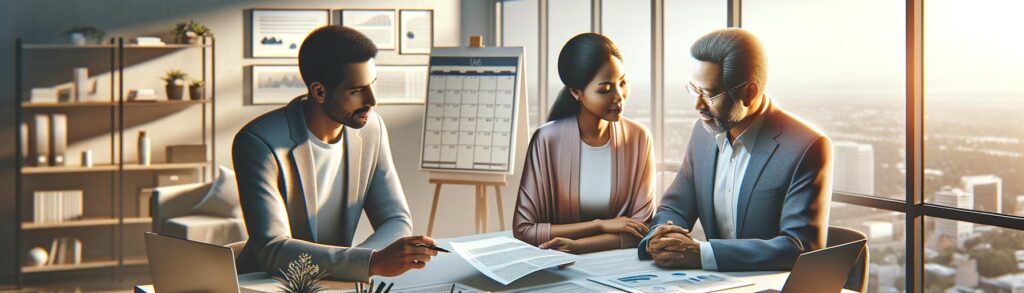 Professional advisor discussing financial options with a mature couple in a modern office, conveying trust and financial secu