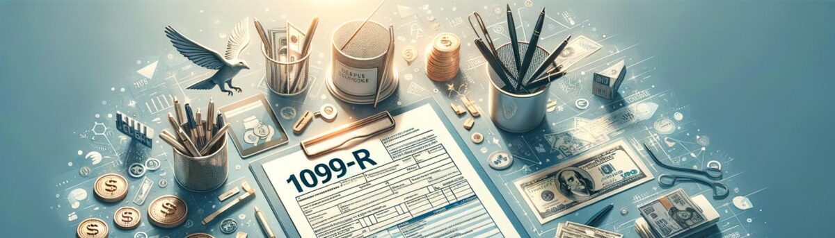 Banner image showing a 1099-R tax form and life insurance documents on a desk with financial tools, representing tax and poli