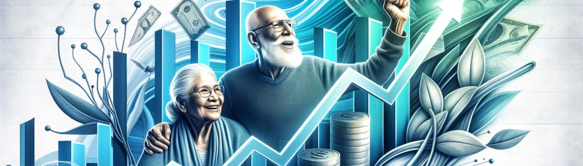 Graph showing upward trend representing growth in the life settlements market, with happy seniors and financial symbols in th