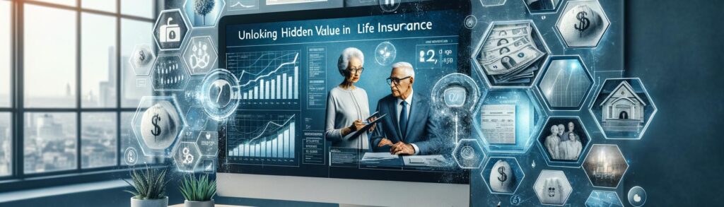 Banner image showing financial analysis of life insurance policies, with documents, a computer screen, and a financial consul