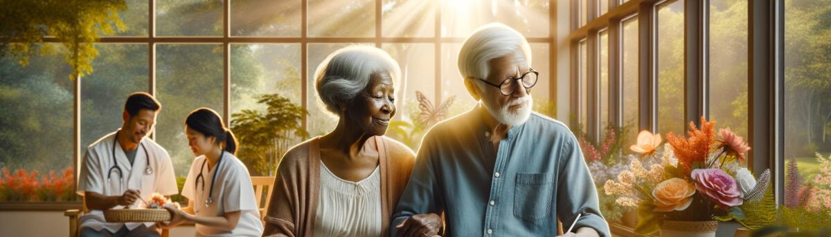 An elderly couple engaging in a pleasant activity in a bright, comfortable senior care facility, highlighting financial freed