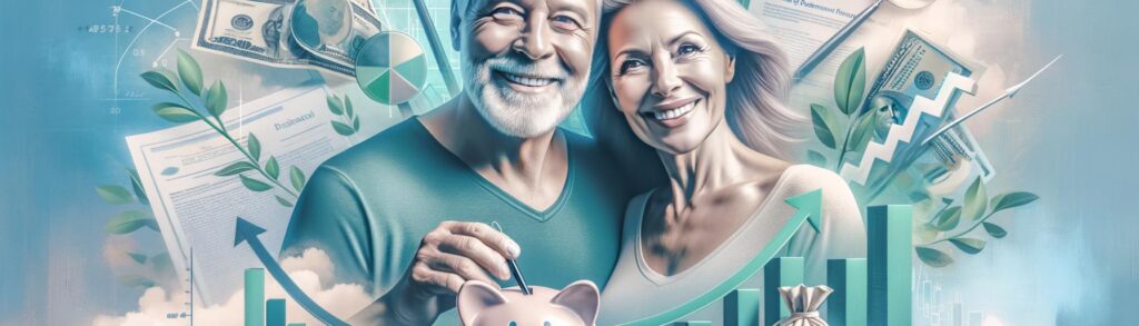 Elderly couple smiling with financial symbols and documents, representing benefits of selling life insurance policy for finan