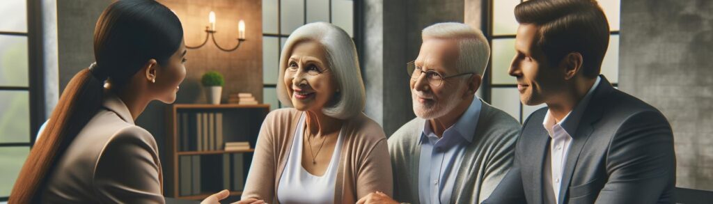 Senior couple consulting with a financial advisor in a modern office, discussing Retained Death Benefit life settlements and