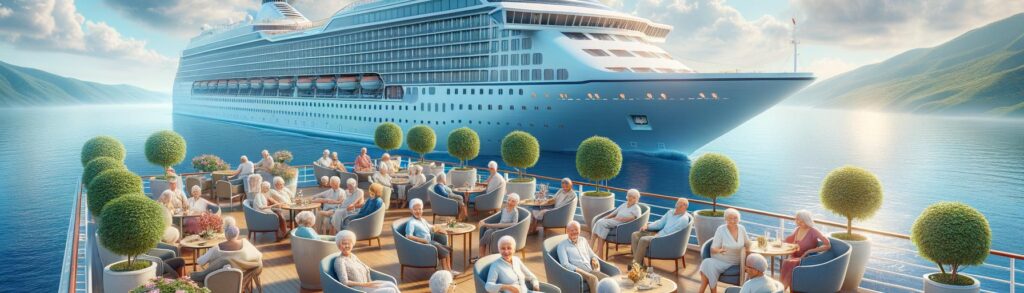 Senior citizens relaxing and socializing on a luxurious cruise ship under a clear, sunny sky, highlighting the serene atmosph