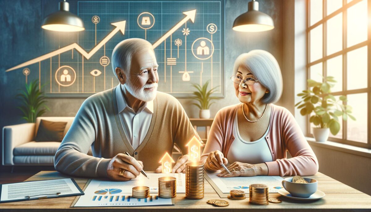 Senior couple reviewing financial documents with an advisor, symbolizing financial empowerment and security in retirement.