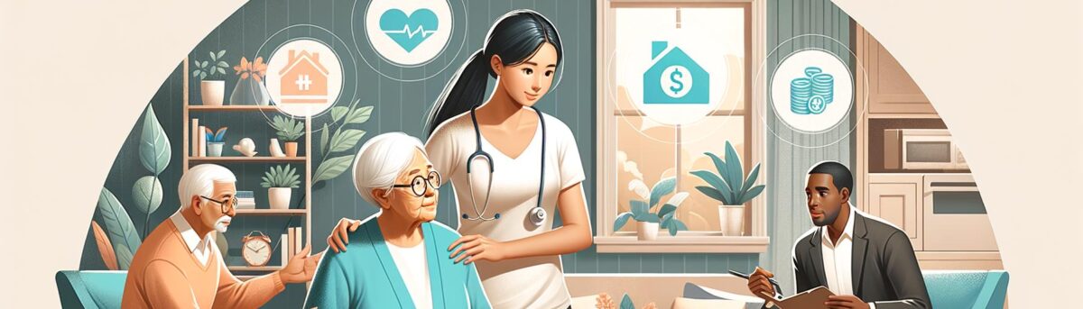 Banner image showing a caregiver assisting an elderly person and a financial advisor discussing plans with an elderly couple