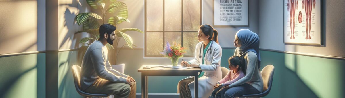 Doctor comforting a patient and their family in a bright medical office, symbolizing support and hope during a challenging di