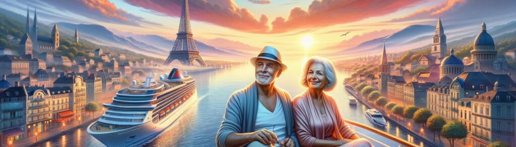 Senior couple enjoying retirement on a cruise ship at sunset or exploring a European city with the Eiffel Tower in the backgr