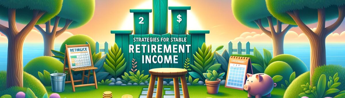 Banner image of a serene garden with a three-legged stool and financial symbols representing stable retirement income strateg