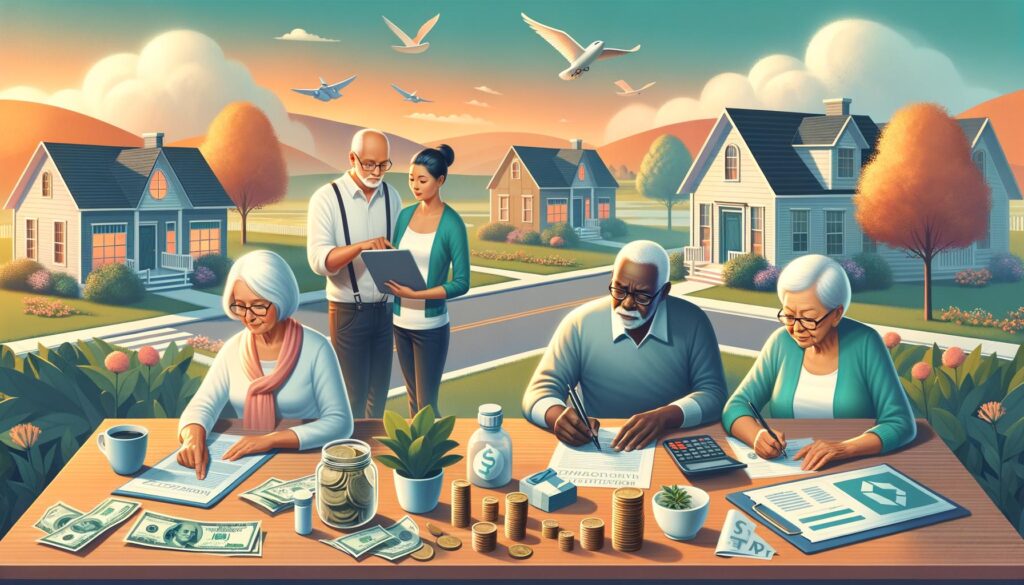 Banner image of diverse seniors planning their retirement with financial advisors, highlighting healthcare, housing, and life