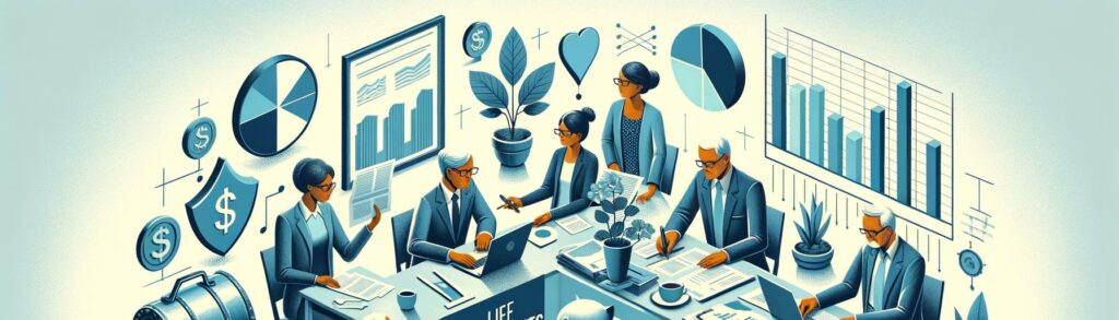 Banner image depicting financial planning with documents, calculator, and retirees discussing plans, highlighting the theme o