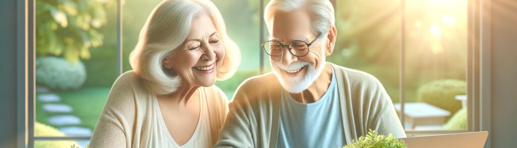 Happy elderly couple reviewing finances with a sense of security and optimism, symbolizing financial stability in retirement