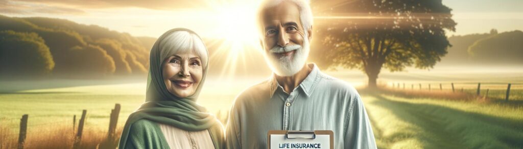 Happy elderly couple in a sunlit field holding a life insurance policy document, symbolizing financial freedom and security w