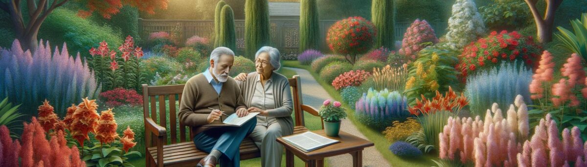 Elderly couple in a lush garden with life insurance documents, symbolizing financial planning and security for long-term care