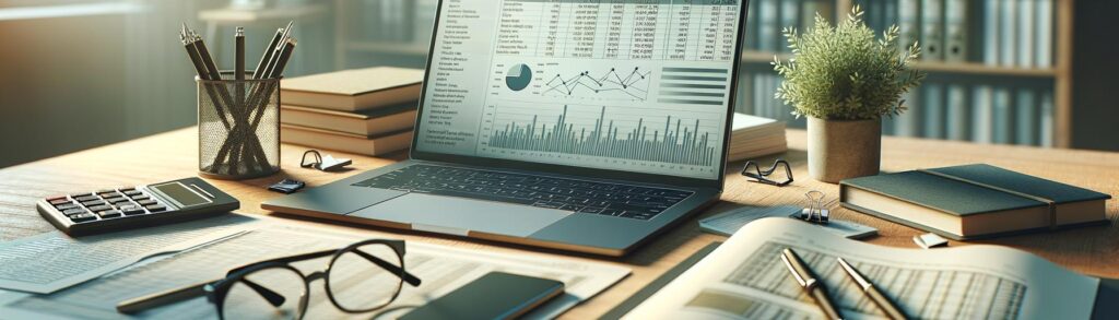 Desk with laptop, financial graphs, documents, reading glasses, pen, and notebook, representing tax advisory and financial pl