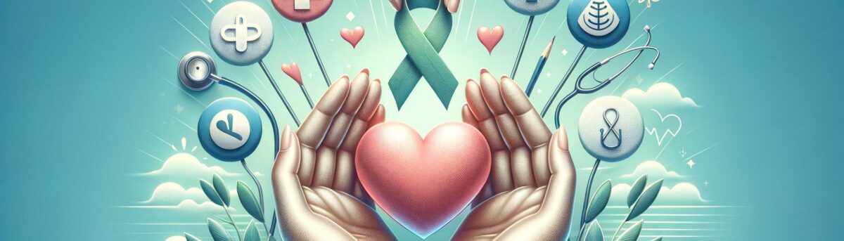 Banner image of hands holding a heart with symbols of financial support and healthcare, representing help and hope for cancer