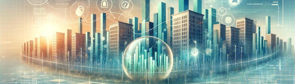 Abstract financial landscape with graphs and life insurance elements, symbolizing investment opportunities in life settlement